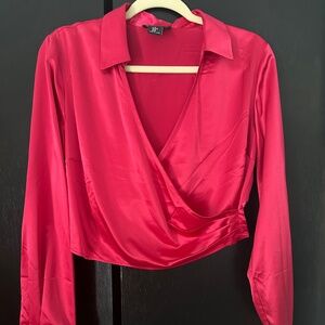 NWT Rachel Zoe Satin Cropped Surplice Long Sleeve Top & Wide Leg Pants Set